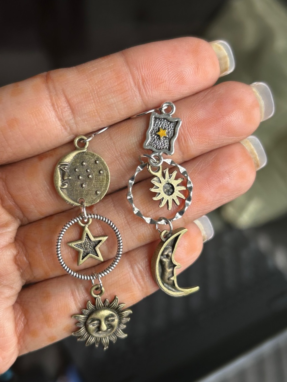Celestial Sun, Moon & Star Dangle Earrings - Two-Tone Silver & Gold
